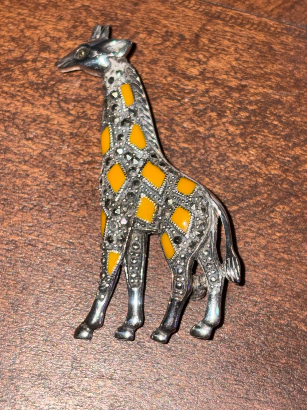 Vintage 925 Sterling Silver Marcasite Yellow Enamel Giraffe Brooch Pin Thailand